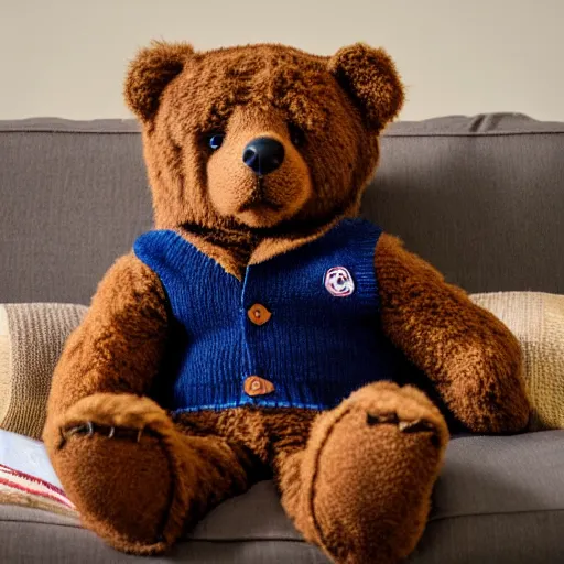 Prompt: a teddy bear getting up off the couch while staring at you creepily wearing a sweater vest, 4 k photo