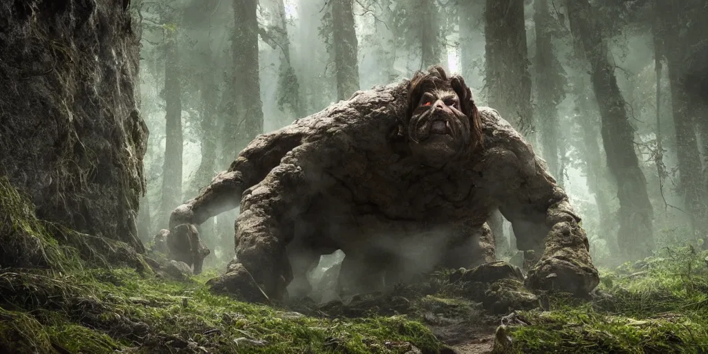 Image similar to a giant armored cave troll in a scary forest in the style of lord of the rings, 8 k, moody lighting, shallow depth of field, raytracing,