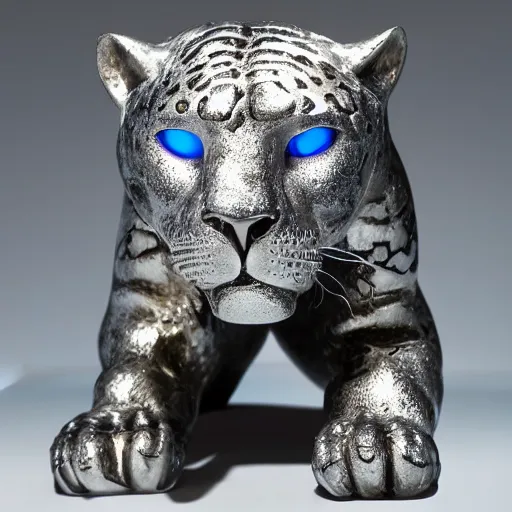 Prompt: silver jaguar sculpture with glowing blue eyes