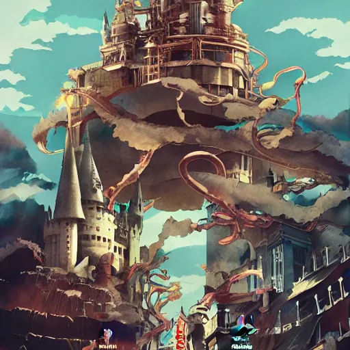 Prompt: poster for a film fantasy japanese animation called harry potter's fantastic chocolate factory, 8 k, hd, dustin nguyen, akihiko yoshida, greg tocchini, greg rutkowski, cliff chiang, award winning, awesome composition