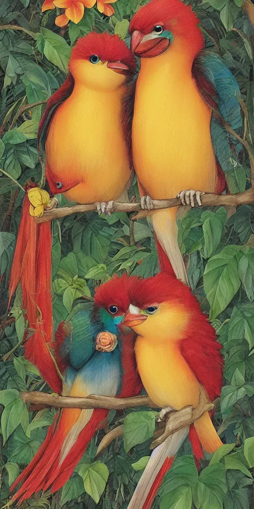 Image similar to greeting card, love, beautiful tropical bird couple, by tran nguyen, warm colors, cozy