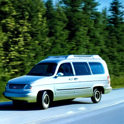 Image similar to A photograph of a 2001 Chevrolet Caravan driving on highway 411 in Perth, Ontario, photograph taken in 2009 on a nokia flip phone