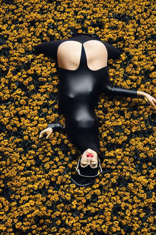 Image similar to a surreal portrait of a woman wearing gas mask diving into the ground of black flowers in the style of brooke didonato, editorial fashion photography from vogue magazine, full shot, nikon d 8 1 0, ƒ / 2. 5, focal length : 8 5. 0 mm, exposure time : 1 / 8 0 0, iso : 2 0 0