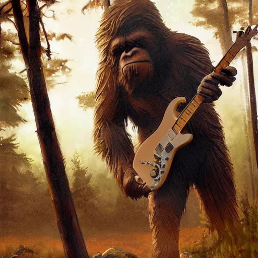 Image similar to UHD photorealistic Bigfoot playing electric guitar by Greg Rutkowski