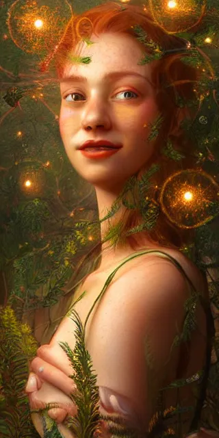 Image similar to young woman, serene smile surrounded by golden firefly lights, amidst nature fully covered by a intricate detailed dress, long red hair, precise linework, accurate green eyes, small nose with freckles, smooth oval shape face, empathic, expressive emotions, spiritual scene, hyper realistic ultrafine art by artemisia gentileschi, jessica rossier, boris vallejo