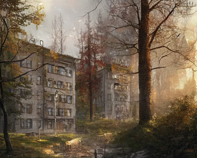 Prompt: beautiful matte painting of cute soviet block of flats hrushevka in end of forest by marc simonetti,