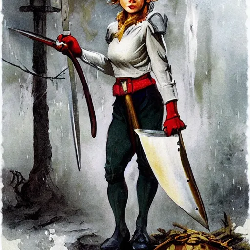 Image similar to determined elf woman with short blonde hair wearing a kitchen maid's uniform while holding a chef's knife and standing in the rain, fantasy character portrait by Frank Frazetta