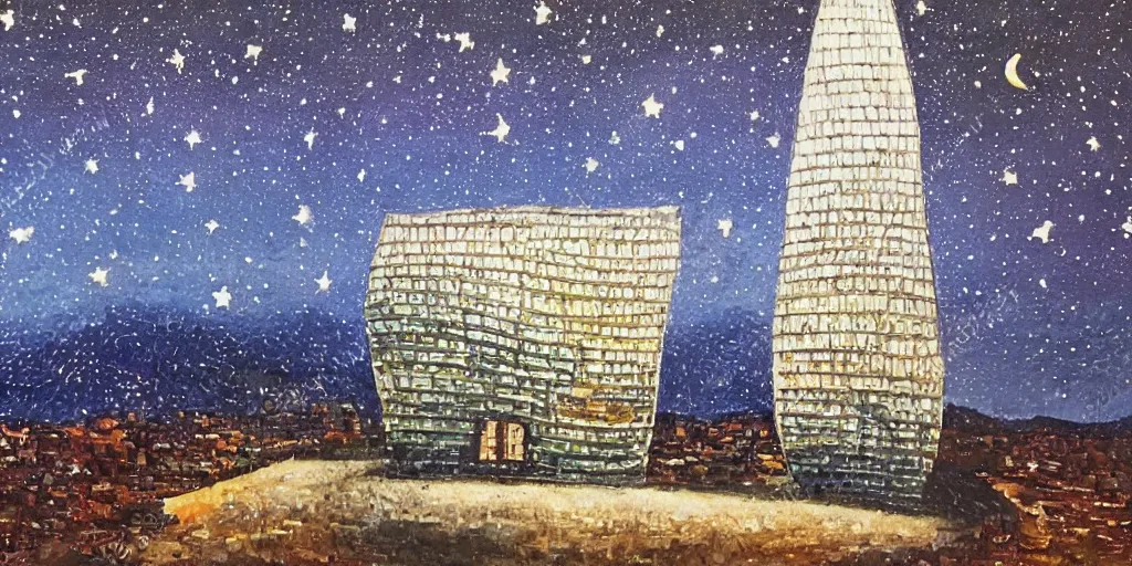 Image similar to stary night painting, norman foster tower, house, city