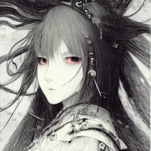 Image similar to yoshitaka amano blurred and dreamy illustration of an anime girl with pirate eye patch, wavy white hair and cracks on her face wearing elden ring armour with the cape fluttering in the wind, abstract black and white patterns on the background, noisy film grain effect, highly detailed, renaissance oil painting, weird portrait angle