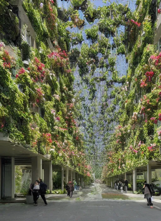 Image similar to brutalist garden city covered in vines and flowers by Denys Lasdun