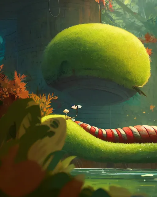 Prompt: a giant caterpillar taking a bath in a well with lush vegetation around in autumn, cory loftis, james gilleard, atey ghailan, makoto shinkai, goro fujita, character art, rim light, exquisite lighting, clear focus, very coherent, plain background, soft painting