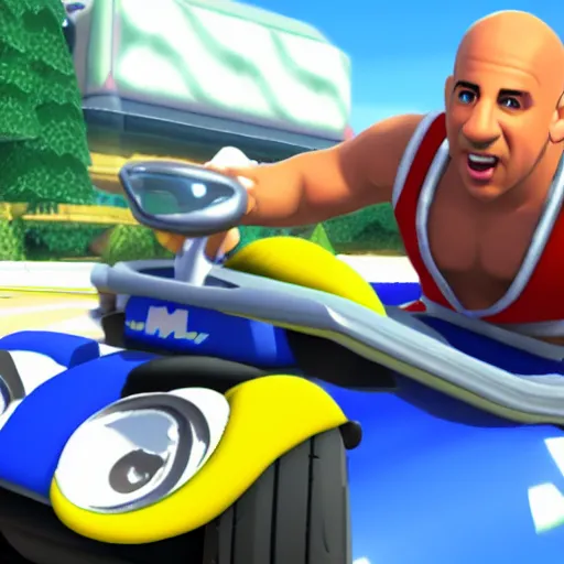 Prompt: Gameplay screenshot of Vin Diesel in Mario Kart, Nintendo, 4k