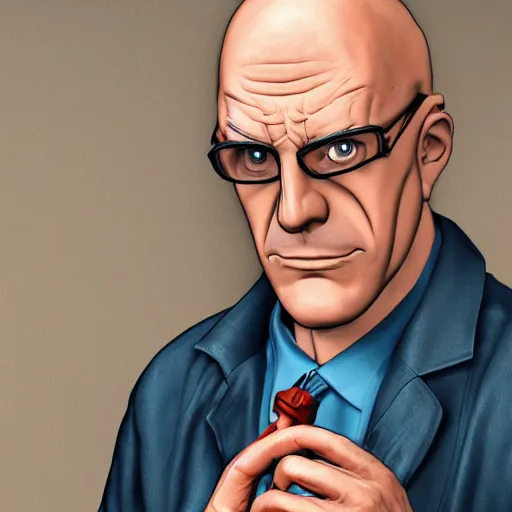 Image similar to A middle-aged Dr. Venture in real life with a hooked nose, a long gaunt face and skinny body and neck, very thin and bald, realistic, very realistic, hyperrealistic, highly detailed, very detailed, extremely detailed, detailed, digital art, oil painting, trending on artstation, headshot and bodyshot, detailed face, very detailed face, extremely detailed face, HD Quality, 8k resolution, very very detailed face, real life