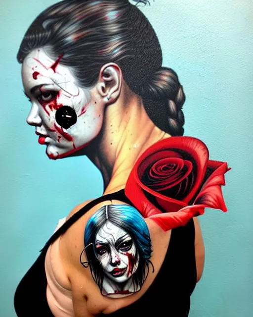 Image similar to horror with blood, rose and a pistol with sea and ocean in the background intricate details side profile by Sandra Chevrier