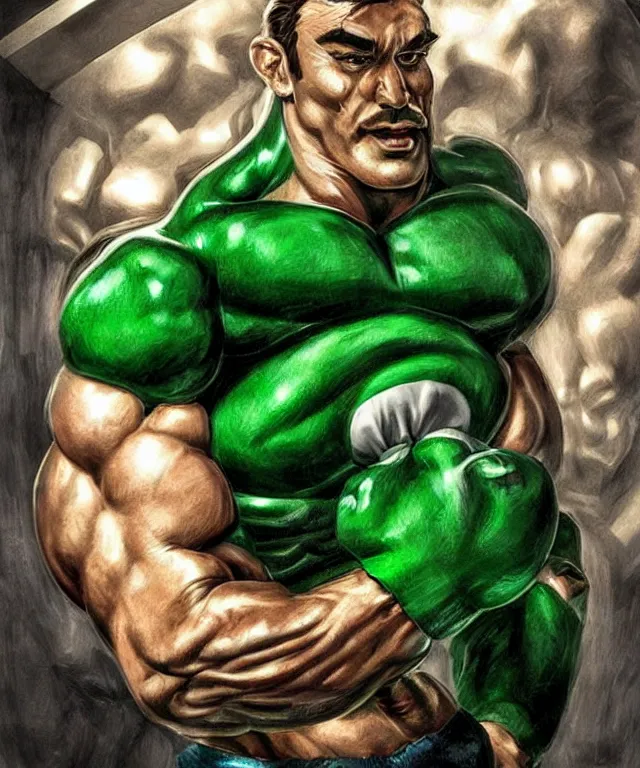 Image similar to muscular luigi wearing a green jumpsuit pumping iron in a dingy gym by ilya kuvshinov, bodybuilder ernest khalimov, super mario bros symmetrical face concept art, hyper realistic, intricate, elegent, highly detailed, digital painting, concept art, smooth, sharp, focus, illustration, art by artgerm and greg rutkowski and alphonse mucha, artstation