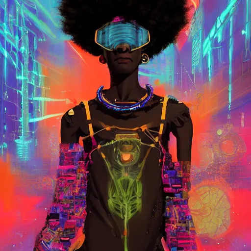 Image similar to afro - cyberpunk deities unseen amongst their creations, a society manifesting dreams with cosmic ancestral magic in a post - modern techno world | hyperrealistic oil painting | by makoto shinkai, ilya kuvshinov, lois van baarle, rossdraws, basquiat | afrofuturism, in the style of surrealism, trending on artstation, | red and black color palette