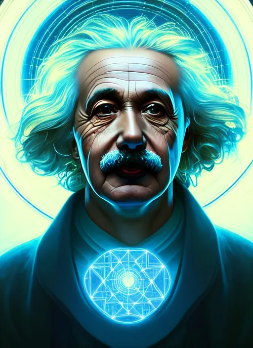 Image similar to symmetry!! portrait of einstein male, chemisty, sci - fi, glowing lights!! intricate, elegant, highly detailed, digital painting, artstation, concept art, smooth, sharp focus, illustration, art by artgerm and greg rutkowski and alphonse mucha, 8 k