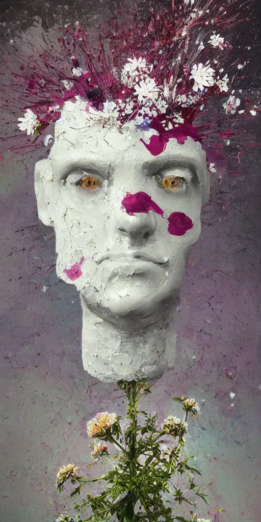 Prompt: a painting by thomas cole of a 3 d white robot head with flowers growing out, highly detailed, color bleeding, pixel sorting, plain purple background, studio lighting, high contrast, bold composition, abstract paint color splotches