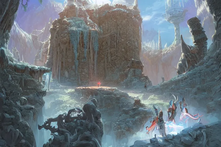 Image similar to point perspective dungeon dangerous fantasy dungeon the humble worshippers of the god of ices must bloom a farm for days and days. They have special swords they use in their ceremonies.,by artgerm and Craig Mullins, James Jean, Andrey Ryabovichev, Mark Simonetti and Peter Morbacher 16k