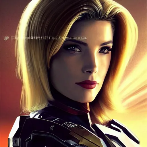 Image similar to A combination of Ashley Greene's and Ada Wong's and Grace Kelly's appearances with blonde hair wearing Forerunner armor from Halo, high tech, action shot, angular, full body portrait, futuristic, dramatic, fantasy, intricate, elegant, highly detailed, artstation, matte, sharp focus, 8K, art by Artgerm and Greg Rutkowski and Alphonse Mucha