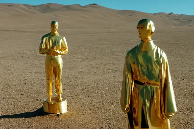 Image similar to Golden statue of Yung Lean in the middle of the Gobi Desert, award-winning photo, 35mm film