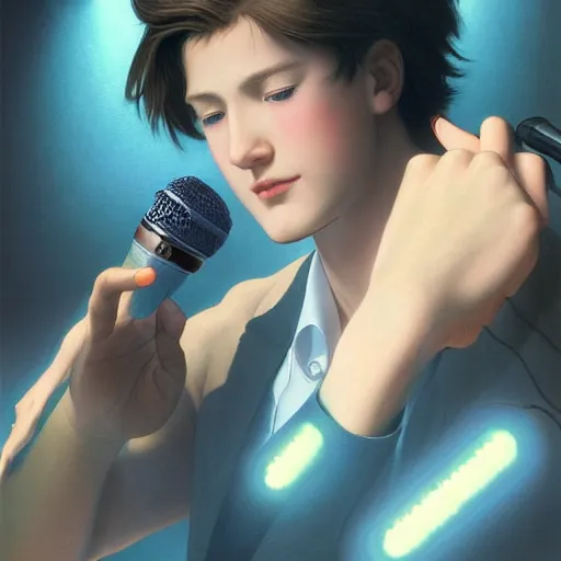 Image similar to a handsome young man with sandy brown hair and blue eyes singing into a neon blue microphone headset posing on stage. dynamic!! pose. gesture drawing. concert. cinematic lighting. wide shot photorealistic. hyper realism. ray tracing hdr. intricate detailed masterpiece. by bouguereau and shigenori soejima ruan jia. lifelike.