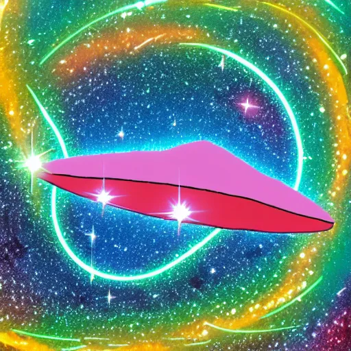 Image similar to A big weird alien wedge-shaped spaceship drifting against a spiral galaxy background, psychedelic colours, Hubble image