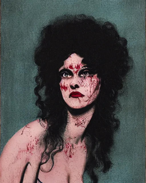 Image similar to a handsome but creepy, sinister, smiling young woman, with haunted eyes and curly hair, wearing punk clothing, 1 9 7 0 s, seventies, wallpaper, a little blood, moonlight showing injuries, delicate embellishments, painterly, offset printing technique, by brom, robert henri, walter popp