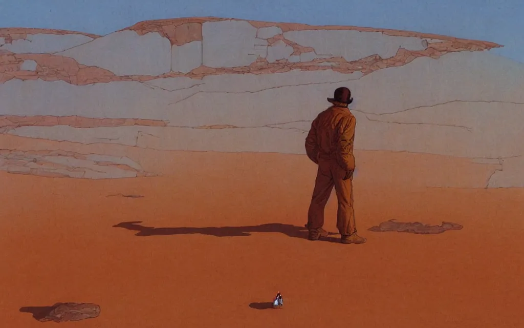 Prompt: A pilot overlooking a desert with giant crystal formations by Jean Giraud Moebius
