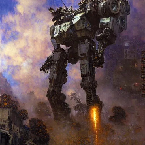 Image similar to six meters tall mech fighting in an urban environment, epic action scene, by gaston bussiere craig mullins jc leyendecker gustav klimt artgerm greg rutkowski john berkey, bergey, craig mullins, ruan jia, raymond swanland, jeremy mann, tom lovell, alex malveda, ray casting, hdr