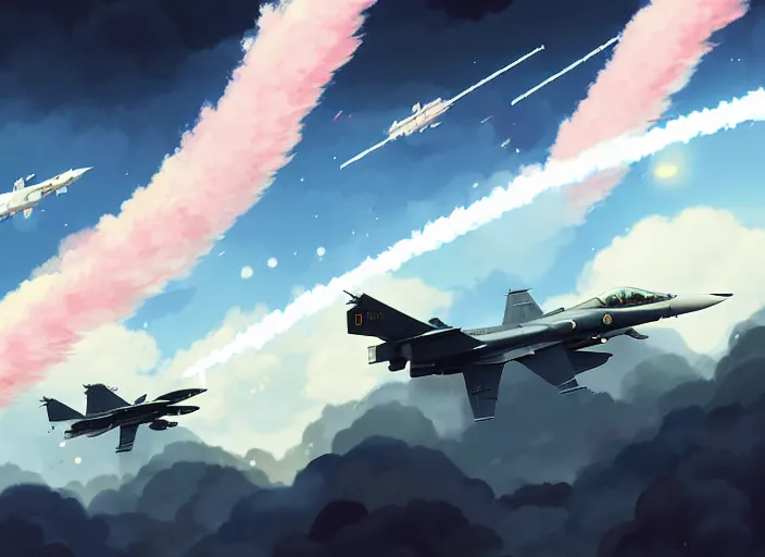 Image similar to portrait of figther jet evading, smoky sky background, lush landscape, illustration concept art anime key visual trending pixiv fanbox by wlop and greg rutkowski and makoto shinkai and studio ghibli and kyoto animation, us airforce, f 1 6, panavia tornado, symmetrical, chaffs and flares, white missiles trails