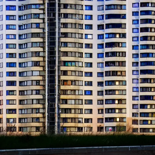 Image similar to An average post-soviet Polish residential block at night, only one window is lit, dark