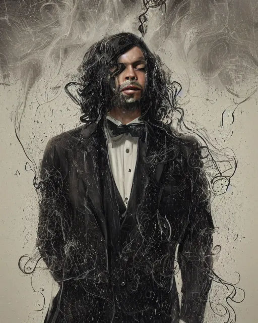 Image similar to a highly detailed portrait of carlos valdes radiating a powerful energy aura, ornate black tuxedo, clean - shaven!!, wispy tendrils of smoke, intricate, digital painting, old english, raining, sepia, particles floating, whimsical background by marc simonetti, artwork by liam wong