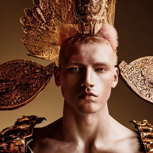 Image similar to a portrait of a beautiful young male wearing an alexander mcqueen armor made of wax , photographed by andrew thomas huang, artistic