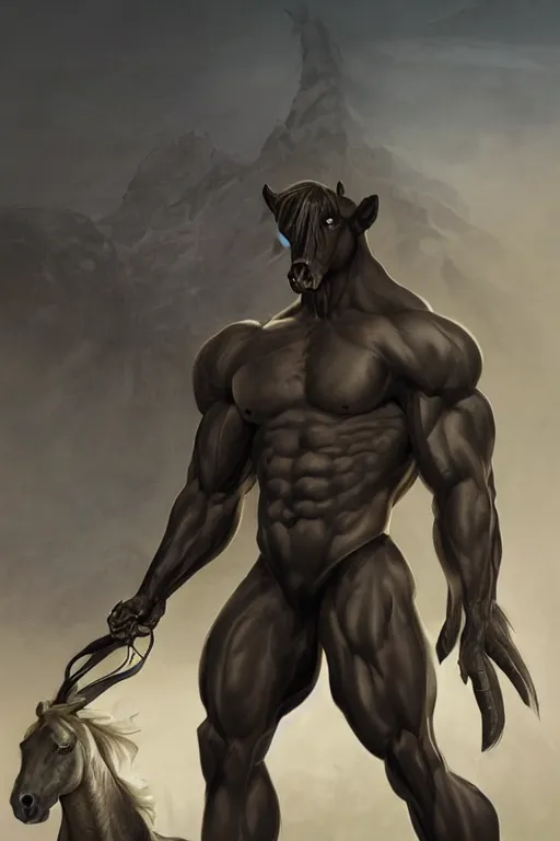 Image similar to splash art of a monstrously buff and muscular anthro horse male test subject at a research facility of experimental combat troopers, experimental tight bodysuit, full body, highly detailed, digital painting, trending on artstation, concept art, sharp smooth focus, illustration, art by artgerm and greg rutkowski and alphonse mucha