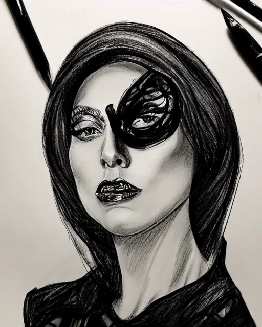 Image similar to lady gaga, court room sketch, fine details, concept art, extremely detailed, black and white, very sharp, in the style of elizabeth williams