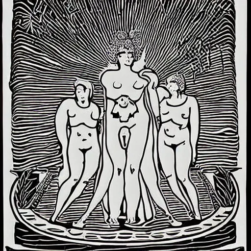 Image similar to digital art, coloring - in sheet by josef albers harrowing. the sculpture shows venus seated on a crescent moon. she is surrounded by the goddesses ceres & bacchus, who are both holding cornucopias.