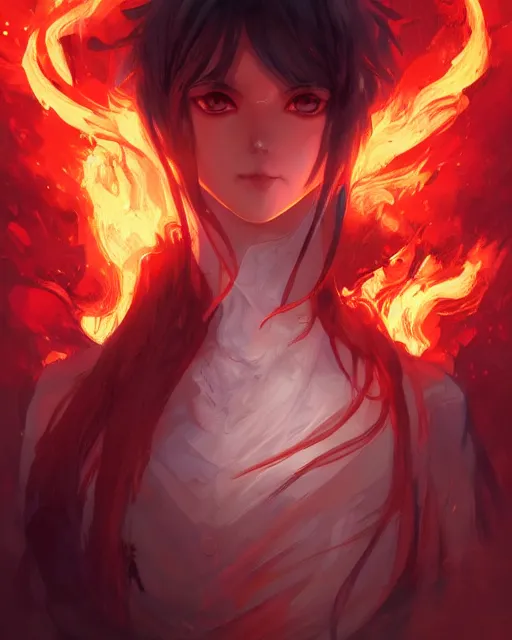 Image similar to red eyed beautiful anime girl, flames everywhere, highly detailed, digital painting, artstation, concept art, smooth, sharp focus, illustration, art by artgerm and greg rutkowski and alphonse mucha