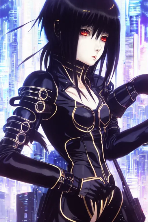 Image similar to portrait Anime girl in cyberpunk trinity blood armor, cute-fine-face, black-hair pretty face, realistic shaded Perfect face, fine details. Anime. realistic shaded lighting by Ilya Kuvshinov katsuhiro otomo ghost-in-the-shell, magali villeneuve, artgerm, rutkowski, WLOP Jeremy Lipkin and Giuseppe Dangelico Pino and Michael Garmash and Rob Rey and Yoshitaka Amano and Thores Shibamoto