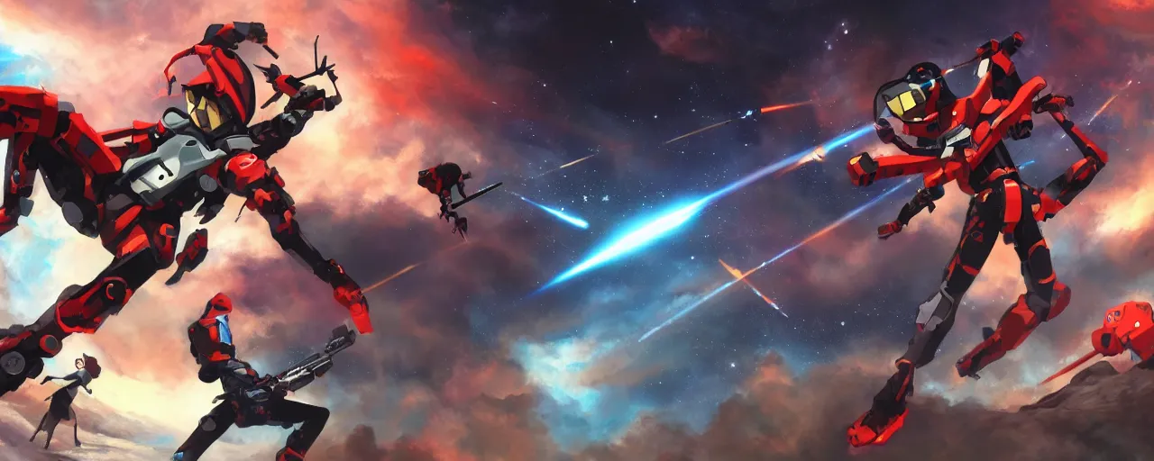 Image similar to fantasy epic monkey gunfight in space, laser guns, anime, evangelion, concept art, 4 k