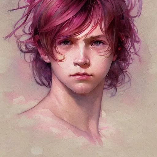 Prompt: young boy, pink hair, light eyes, gorgeous, amazing, delicate, elegant, intricate, highly detailed, watercolor, portrait, artstation, concept art, sharp focus, illustration, art by artherm and greg rutkowski and alphonse mucha