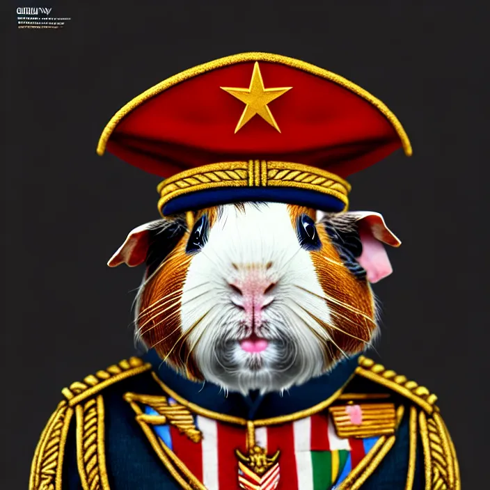 Image similar to guinea pig general wearing his uniform, looking proud as if he had won the battle. award winning, portrait bust, symmetry, faded colors, by larry elmore, masterpiece, trending on artstation, cinematic composition, beautiful lighting, hyper detailed!!!, 8 k, oil on canvas