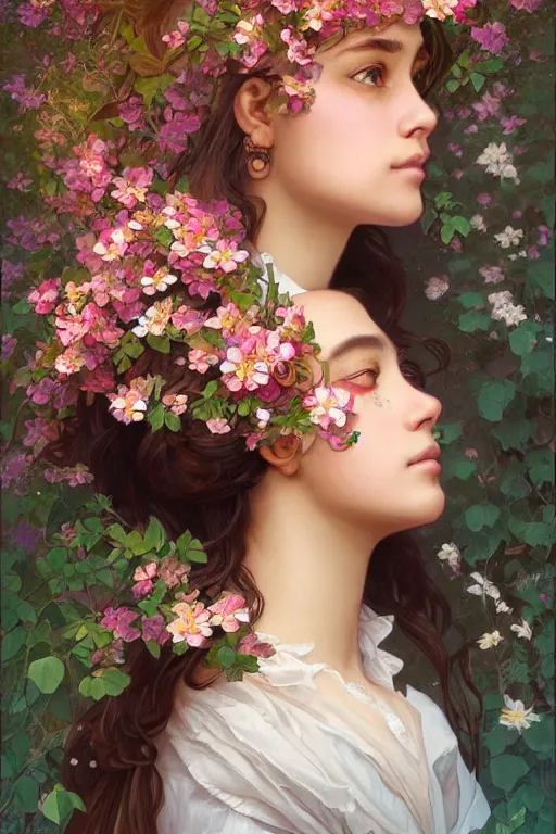 Image similar to ultra realistic illustration, mexican girl with flowers blossoming, elegant, highly detailed, digital painting, concept art, smooth, sharp focus, illustration, art by artgerm and greg rutkowski and alphonse mucha