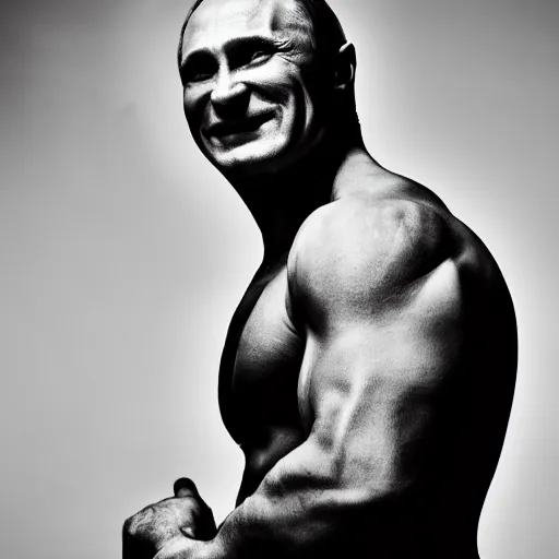 Image similar to vladimir putin sigma male, megachad, grindset, muscular, black and white image, powerful jaw, smiling, 8 k, professional portrait photography