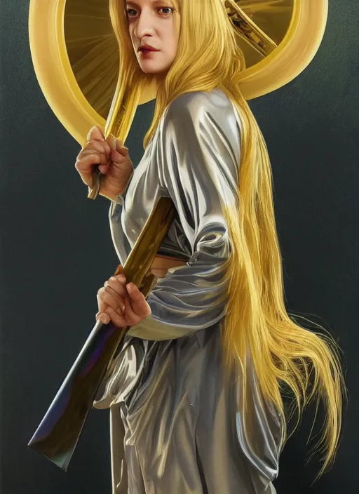 Image similar to uma thurman in kill bill, rococo and art nouveau fusion, iridescent diaphanous refractive and reflective katana, yelliw jumpsuit, highly detailed, deep focus, elegant, digital painting, smooth, sharp focus, illustration, ultra realistic, 8 k, art by artgerm and alphonse mucha