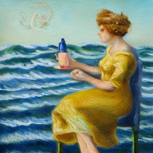 Image similar to an impressionist painting, The Queen of the Sea waves and her devoted servant octopus drink tea,