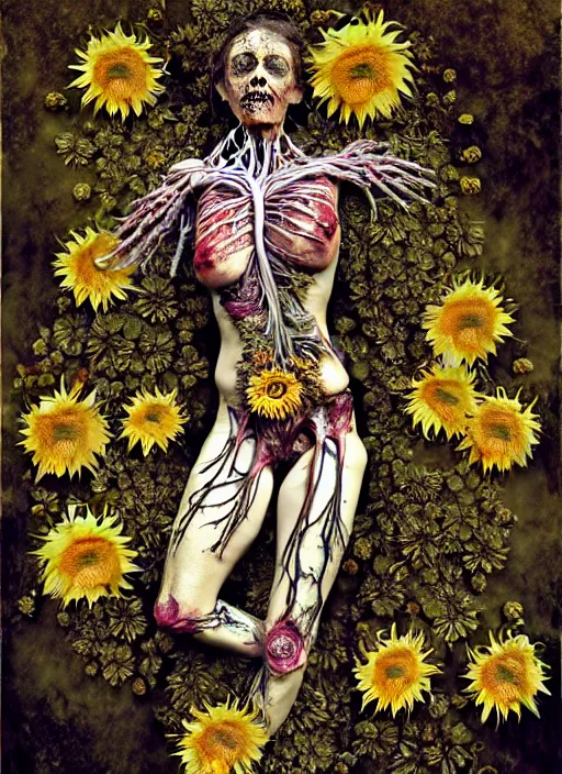 Prompt: beautiful and detailed rotten woman corpse with fractal plants and fractal sunflowers growing around, muscles, veins, arteries, intricate, organs, ornate, surreal, john constable, guy denning, dan hillier