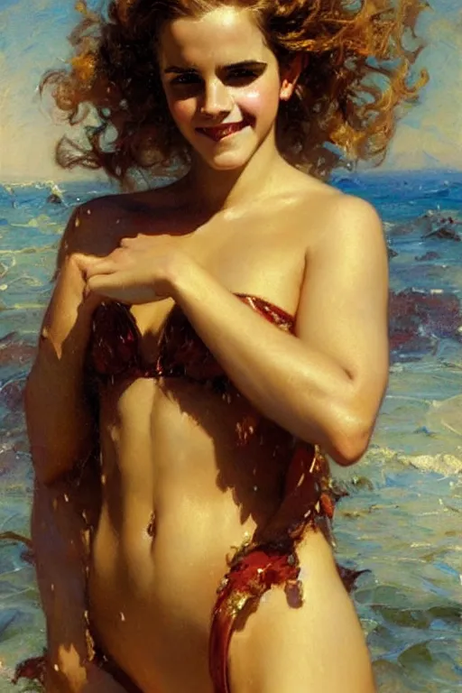 Image similar to emma watson smiling swimsuit wet dripping curly hair painting by gaston bussiere craig mullins j. c. leyendecker