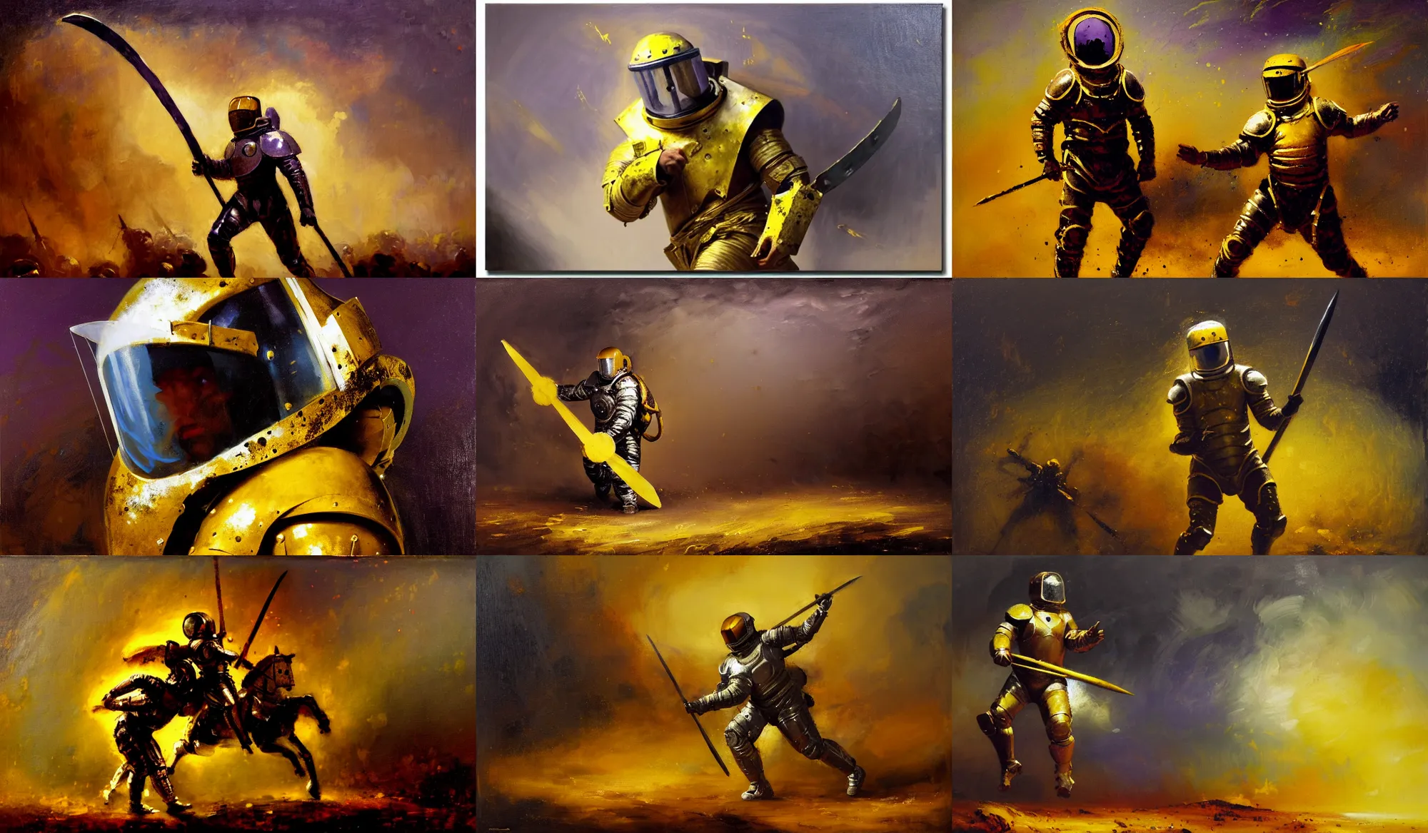 Prompt: gladiator wearing space suit, riot shield and spear, luminist style, tonalism, dramatic lighting, action scene, palette knife, frenetic brushwork, chiaroscuro, figurative art, detailed, proportions, spatter, dust, atmospheric, volumetric lighting, dioaxizine purple, burnt sienna, and yellow ochre