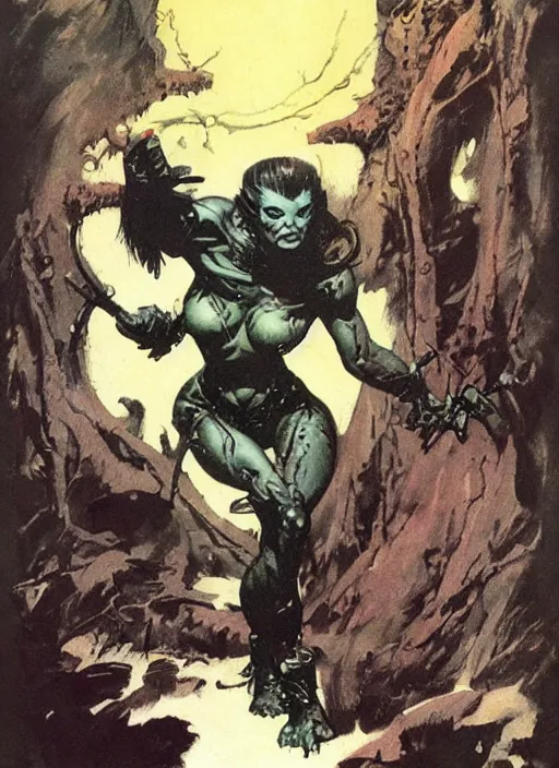 Image similar to female vetala, strong line, deep color, beautiful! coherent! by frank frazetta, high contrast